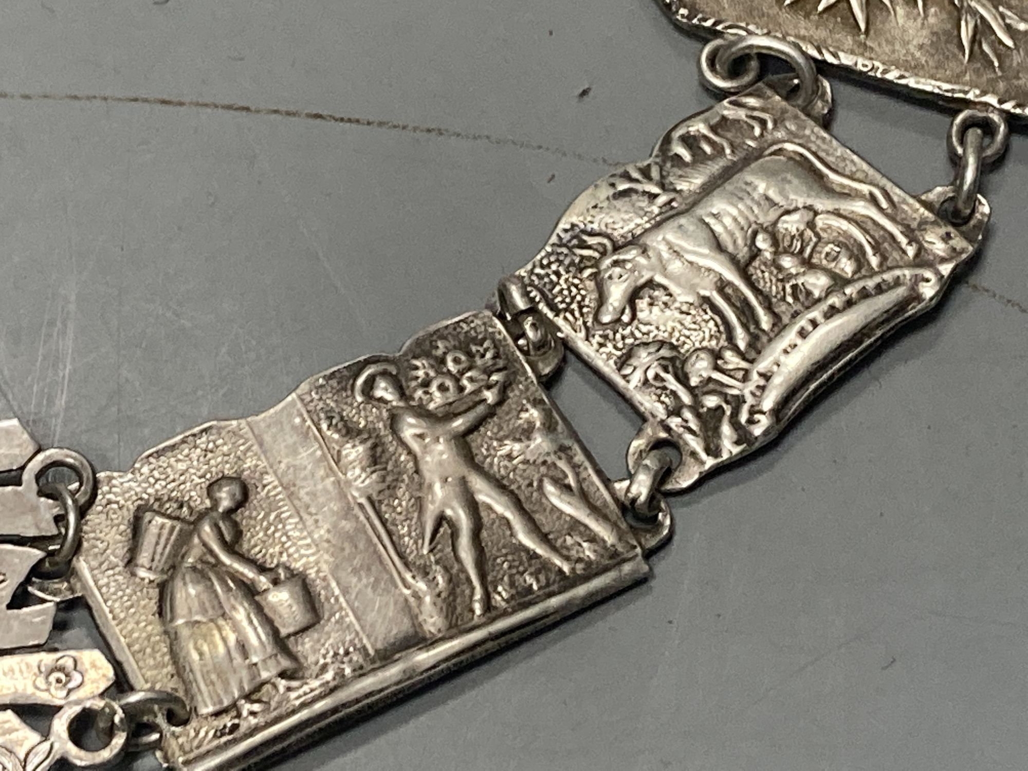 A late 19th century Chinese white metal wedding belt, by Cumwo, 83.5cm, 197 grams.